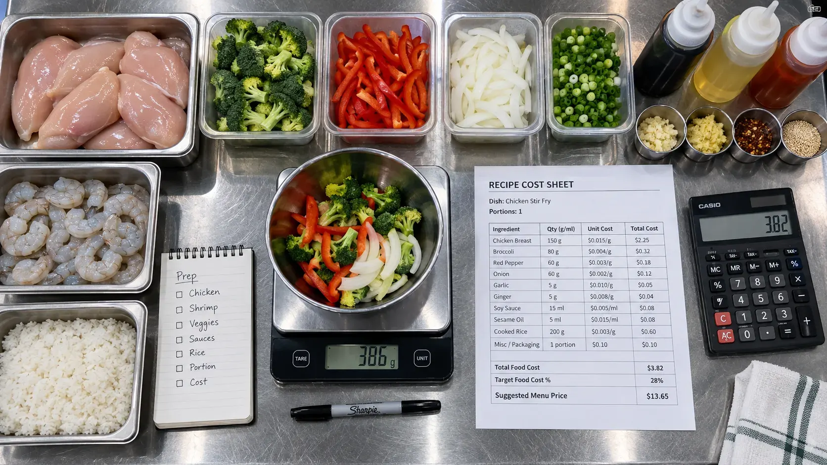 Overhead view of a stainless steel restaurant prep table arranged neatly like a financial portfolio, featuring raw proteins, fresh vegetables, small sauce cups, a digital kitchen scale at center, a printed recipe cost sheet, and a calculator under cool fluorescent lighting.