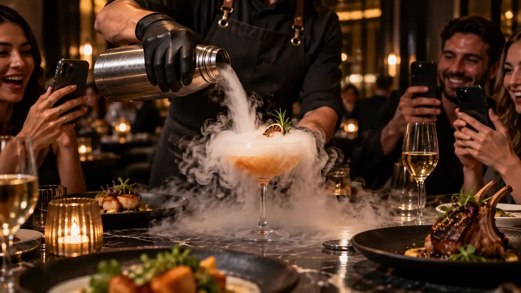 Server pouring liquid nitrogen into a premium cocktail at a dimly lit upscale restaurant while guests watch and film the dramatic presentation.