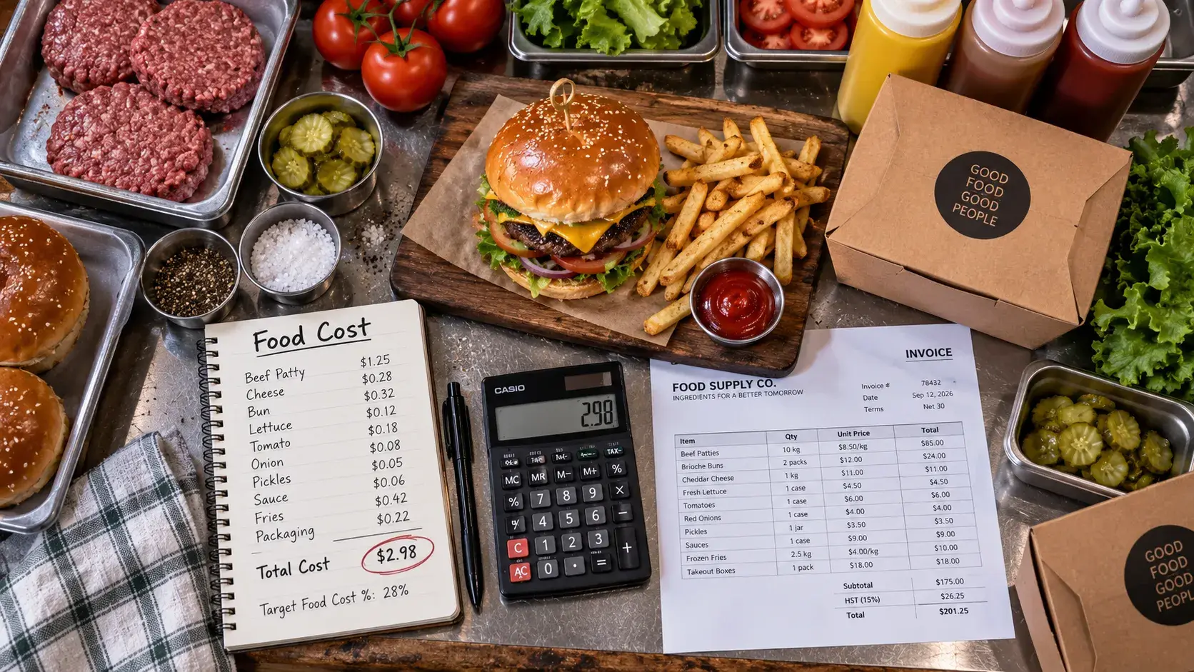 Overhead photo of a cheeseburger and fries on a wooden board surrounded by raw ingredients, takeout containers, sauces, an invoice with a calculator, and a notepad labeled “Food Cost” listing ingredient, packaging, and total cost.
