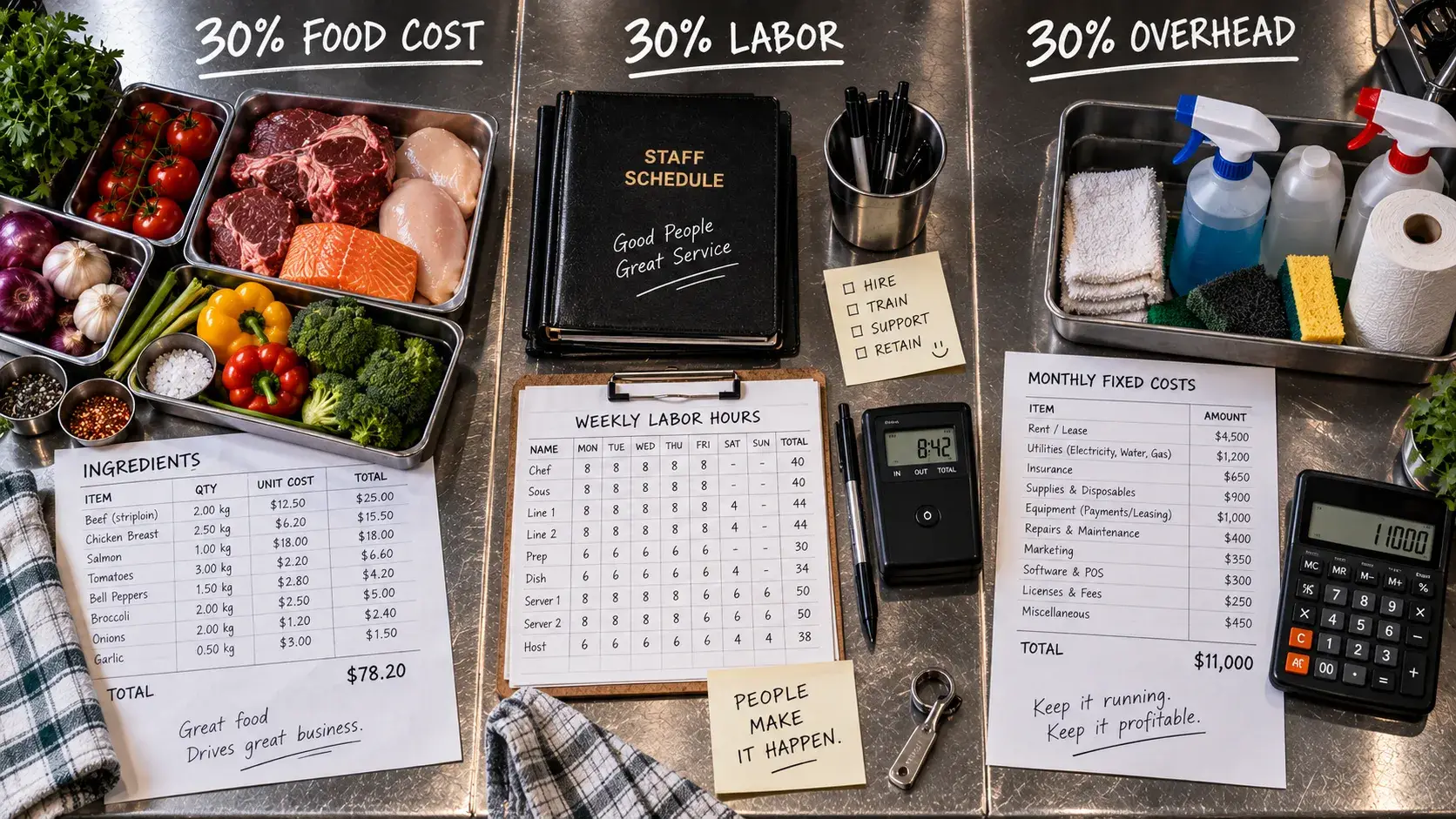 Overhead, documentary-style photograph of a stainless steel restaurant prep table divided into three equal vertical sections: the left third filled with raw ingredients and food invoices, the center third with a server book, time sheets, and kitchen tools, and the right third with cleaning supplies, utility paperwork, and a calculator—visually representing food cost, labor, and overhead.