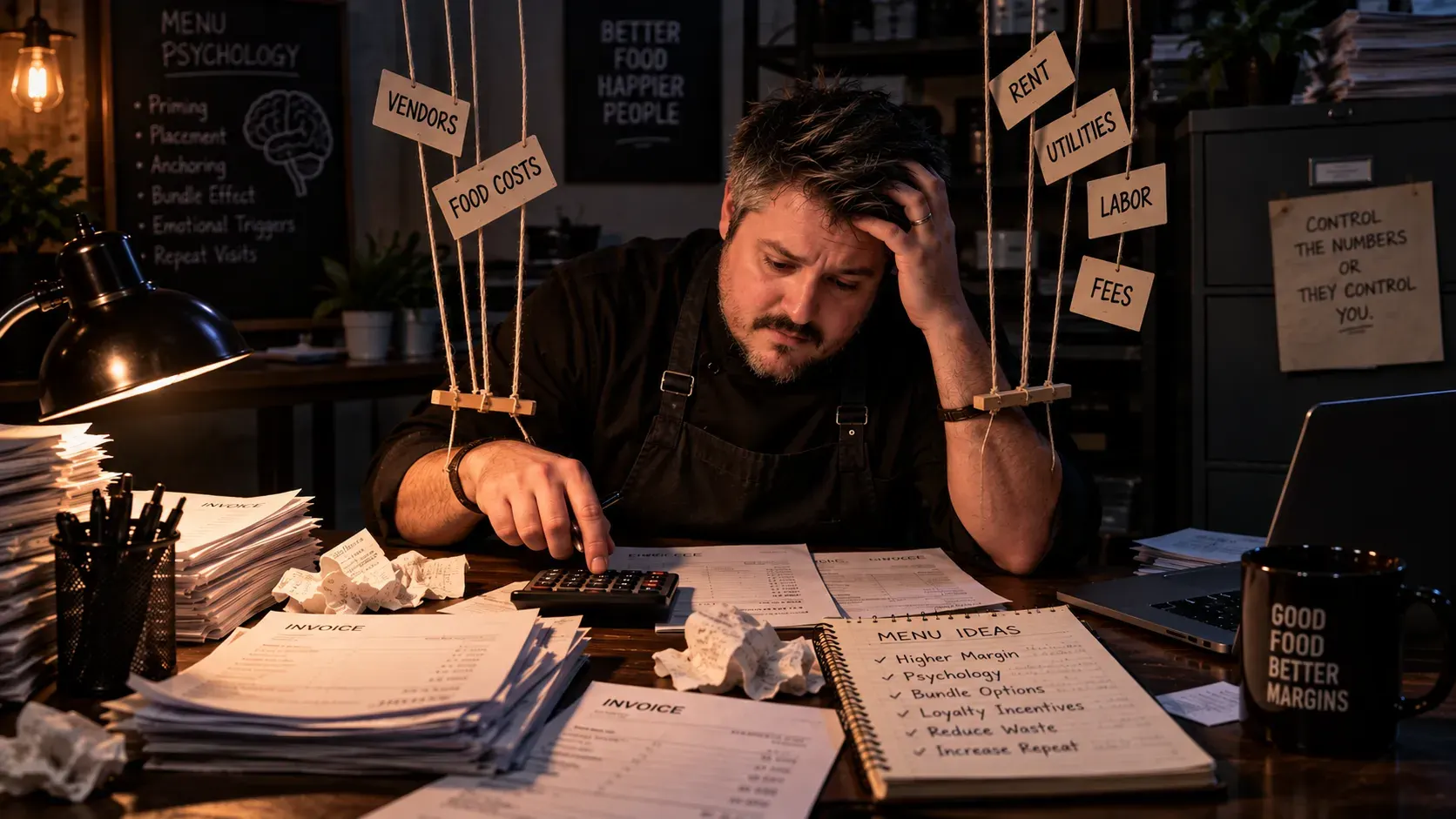 Restaurant owner sitting alone in a dim back office reviewing invoices and using a calculator, with faint puppet strings attached to his wrists, symbolizing hidden financial pressures and lack of control.