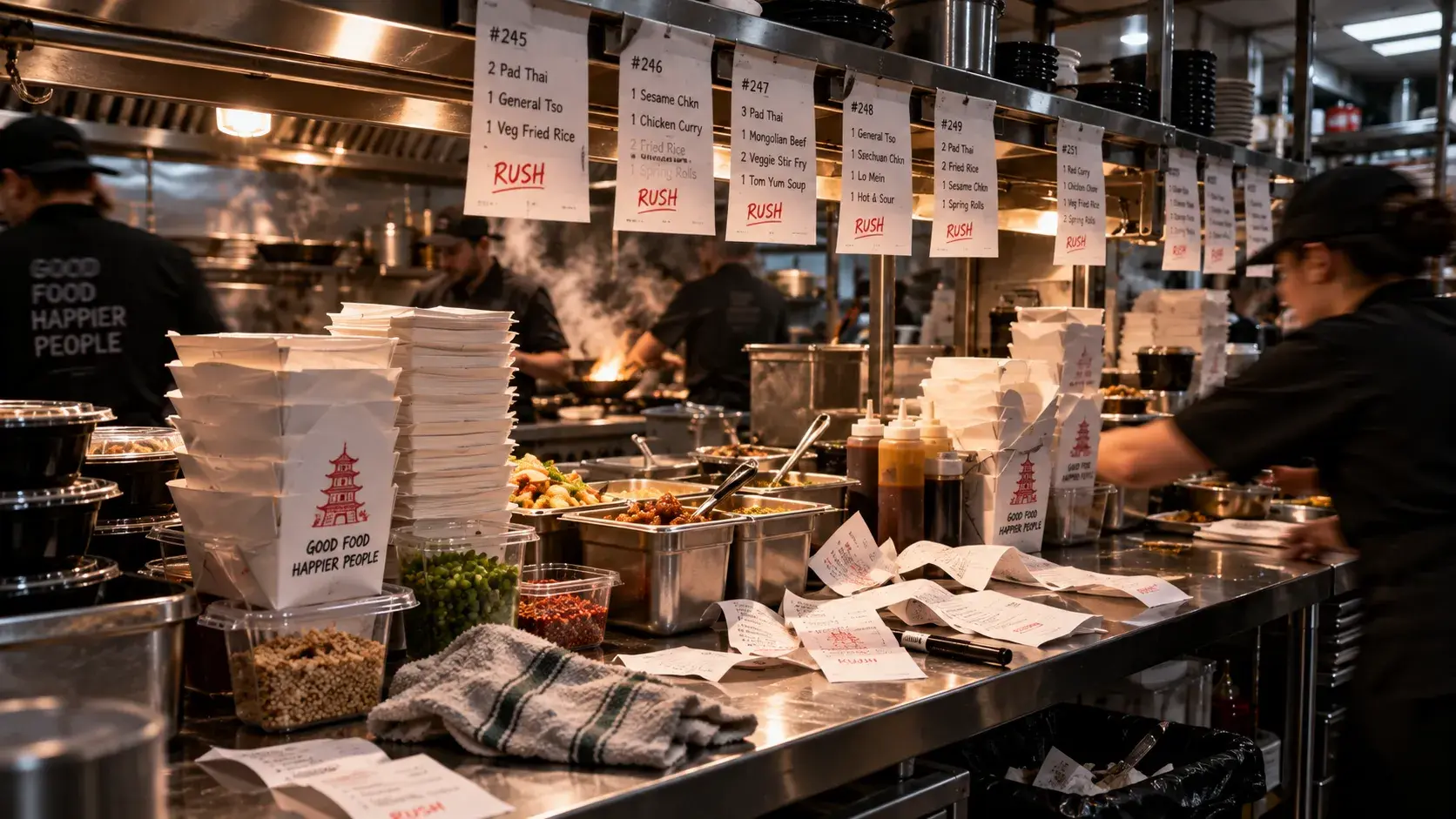 A chaotic stainless steel restaurant prep station during dinner rush, stacked with takeout containers and scattered printed order tickets under harsh kitchen lighting.