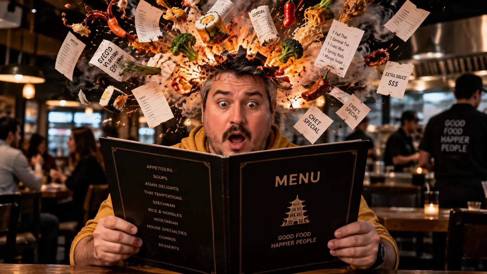 Man sitting in a busy restaurant holding an oversized menu, eyes wide in shock, as his head bursts open in a dramatic explosion of flying food, paper receipts, flames, and smoke—symbolizing overwhelming choice and decision overload.