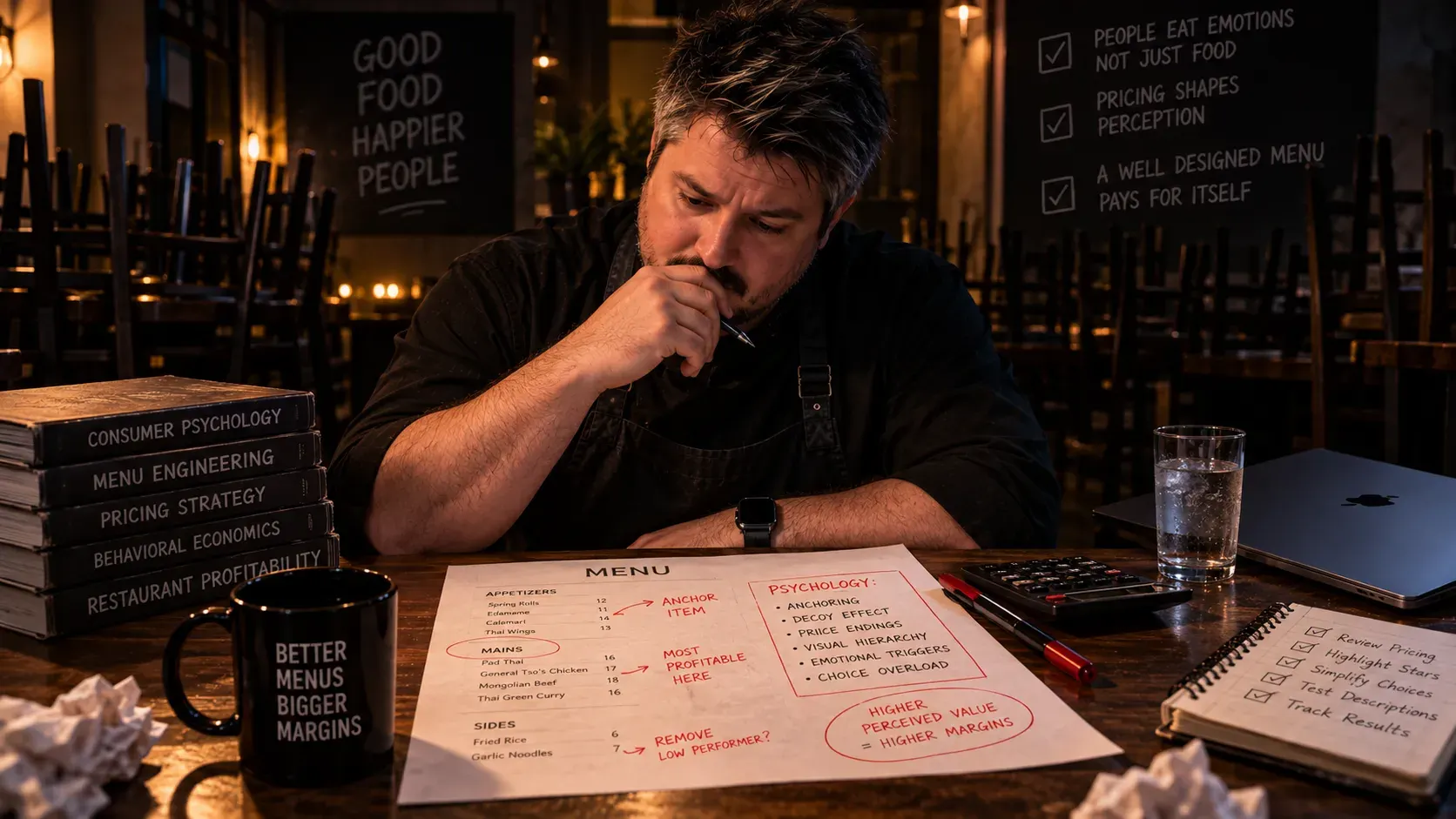 Restaurant owner sitting alone at a wooden table in a dim, closed dining room, leaning forward thoughtfully while studying a marked-up sheet of paper, with a calculator, pen, glass of water, and closed laptop on the table; chairs are stacked in the softly lit background.