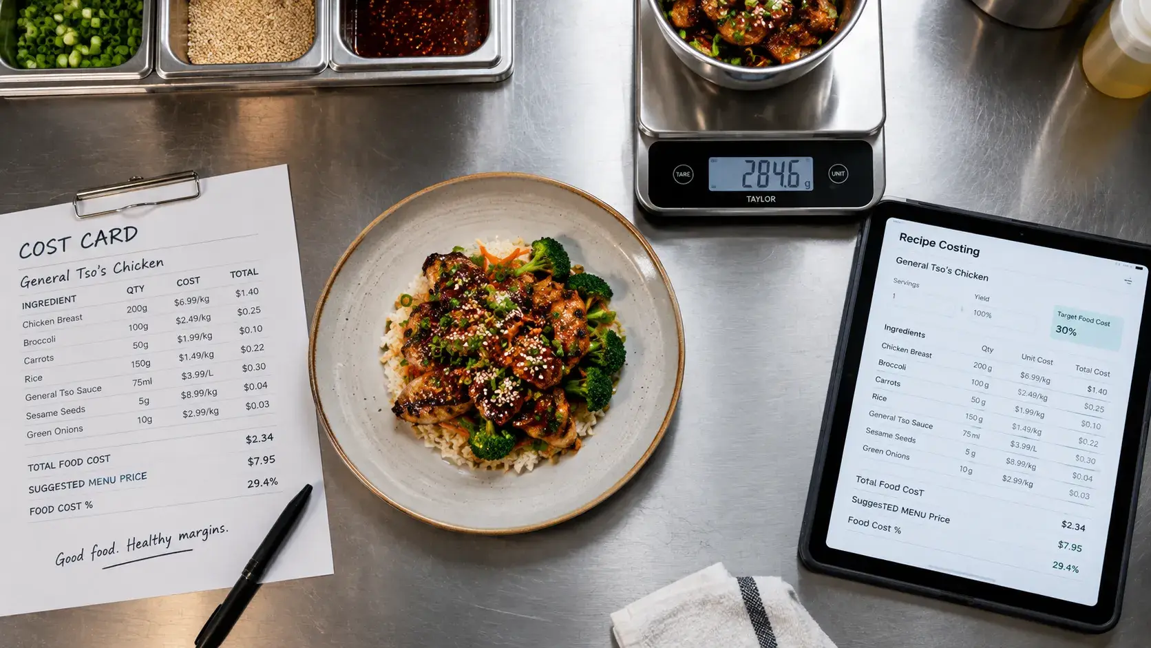 Overhead view of a clean stainless steel prep station: a plated General Tso's chicken beside a printed cost card, a digital scale reading 284.6 g, and a tablet showing a recipe costing screen with a 30% target food cost.