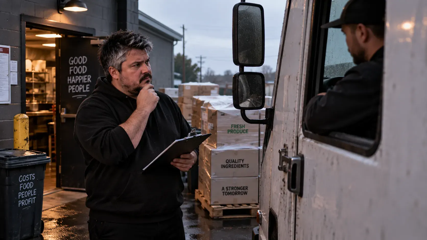 Restaurant owner standing outside a back entrance at dawn, holding a clipboard and staring skeptically at an unmarked delivery truck while the driver sits blurred inside the cab; overcast light and muted tones create a tense, early-morning negotiation atmosphere.