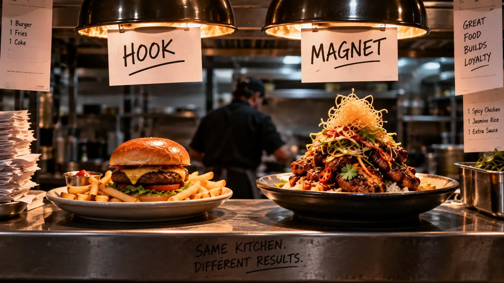Two dishes side by side on a restaurant pass under heat lamps, a plain burger and fries beneath a handwritten sign reading HOOK and an elaborate garnished chicken bowl beneath one reading MAGNET, with SAME KITCHEN. DIFFERENT RESULTS. written along the pass.