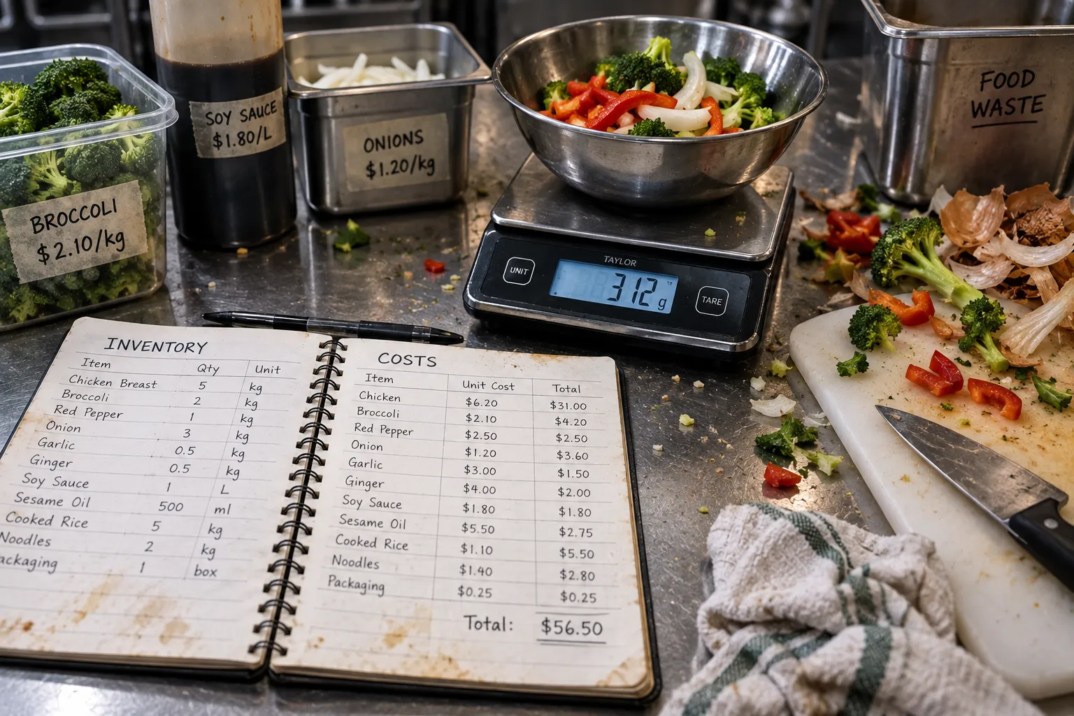 A close-up, gritty shot of a chef’s stained prep table with an open inventory ledger, a digital scale, and scraps of vegetable waste.