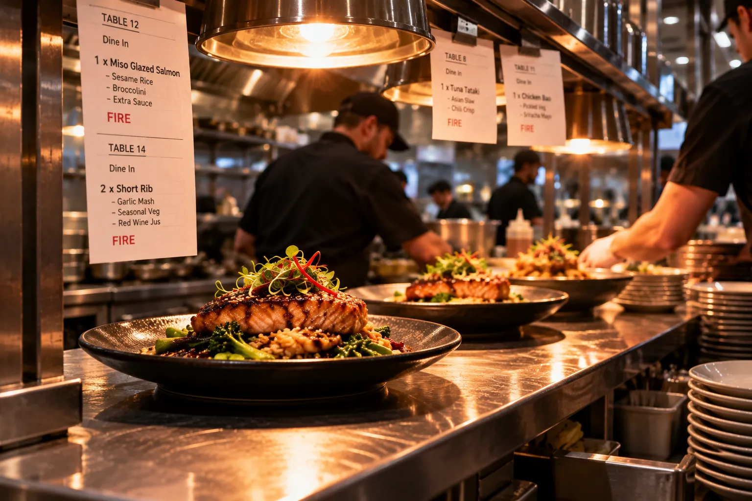 A busy restaurant expo pass with a high-end signature dish waiting for pickup under warm heat lamps