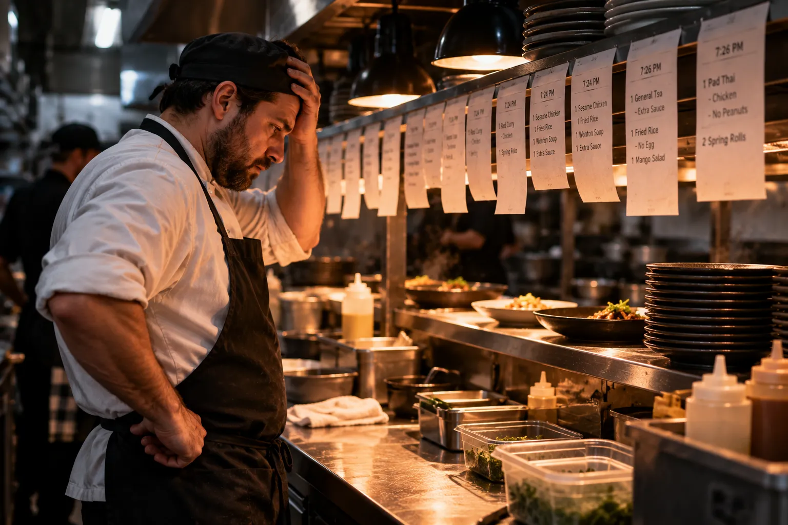 A stressed chef looking at a long line of printed order tickets in a dimly lit kitchen