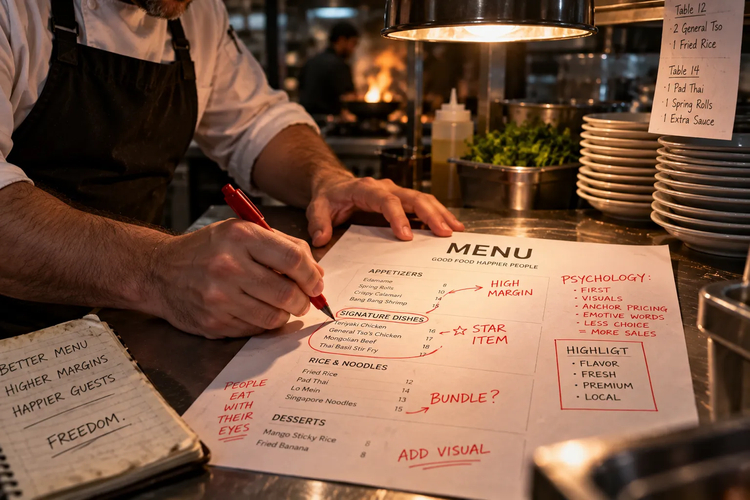 A close-up, gritty shot of a chef's hand marking up a menu draft with a red pen under harsh kitchen heat lamps.