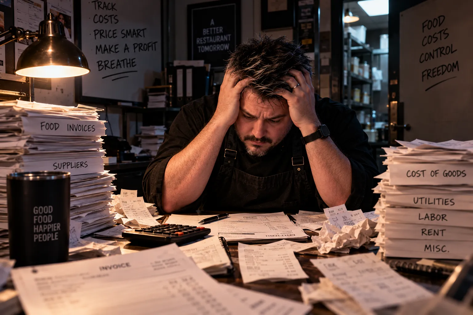 Tired chef in a cramped restaurant office at night, head in hands, surrounded by stacks of invoices and food cost paperwork under harsh mixed lighting.
