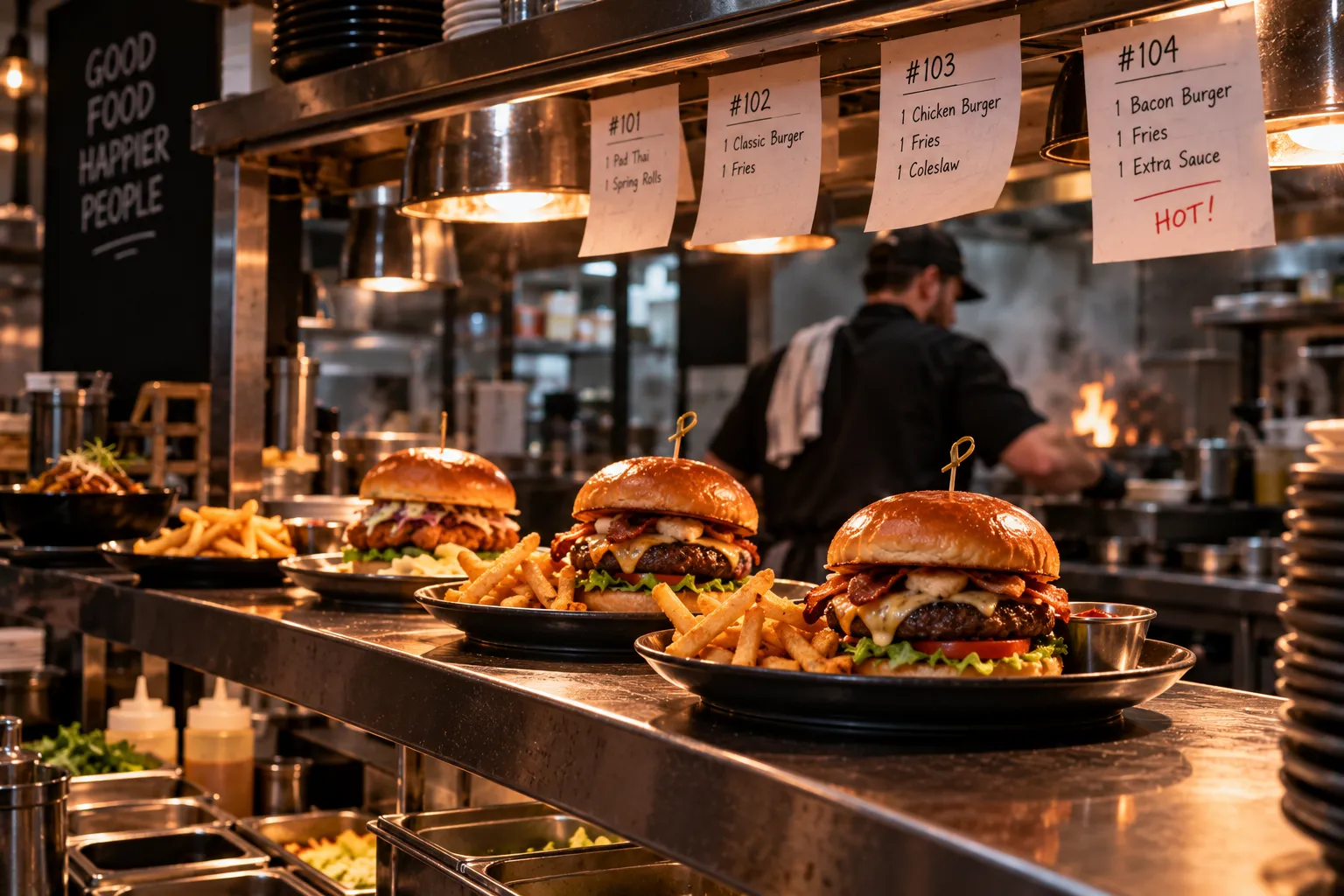 A busy kitchen pass with several plates of burgers and fries ready for pickup under warm heat lamps